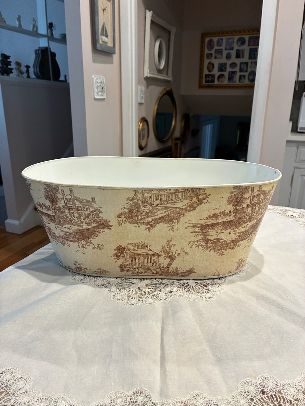 French country style toile metal tub, cachepot, planter, or ice bucket